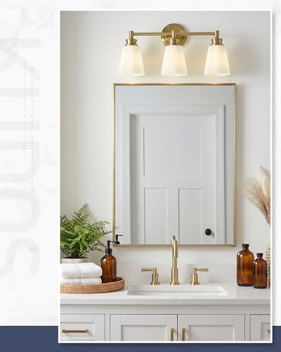 kudos 3-Light Brushed Gold Vanity Light, Milk White Glass Shade | 19" bathroom light fixtures over mirror, upward or downward, E26 base, bulbs not included, Hardwired, KDVL17-GD-ML-3 - size: 3-Light