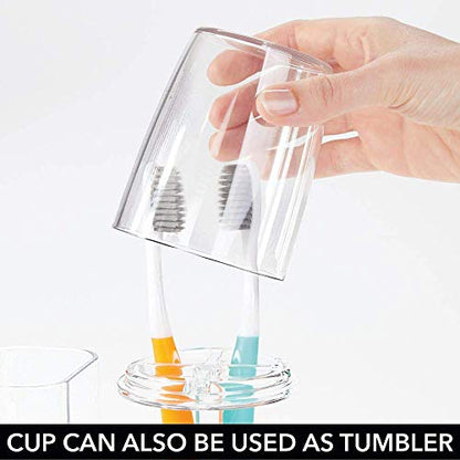 mDesign Modern Plastic Bathroom Vanity Countertop Toothpaste & Toothbrush Holder Stand with Rinsing Cup/Cover - Dental Center Holds Electric Toothbrushes - Clear