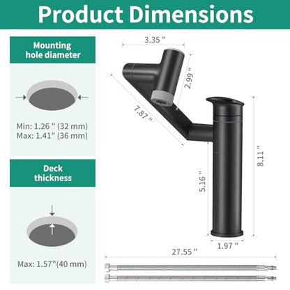 Modern Bathroom Faucet 1 Hole with Temperature Display, Matte Black | Batteries-Free, 1080° Rotatable Single Hole Bathroom Faucet, Single Handle Bathroom Vanity Faucets, 2 Spray Modes - color: Matte Black