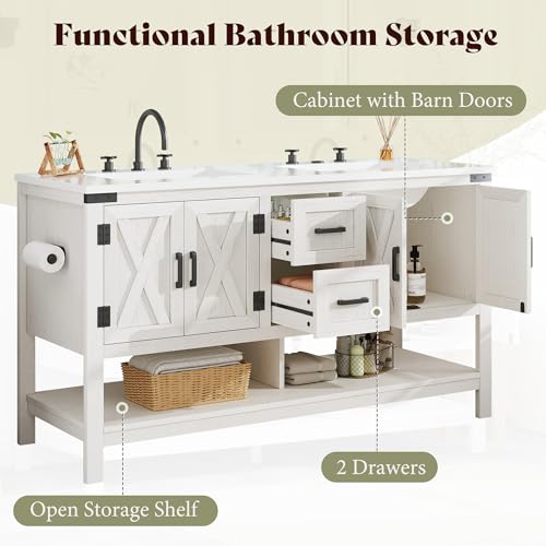 AMERLIFE 60" White Farmhouse Double Sink Bathroom Vanity, Solid White Top | Antique White, Solid White Integrated Top, Moisture-Resistant MDF, 4 X-Panel Doors, 2 Drawers, Open Shelf, Paper Towel Holder - color: Antique White, size: 60”