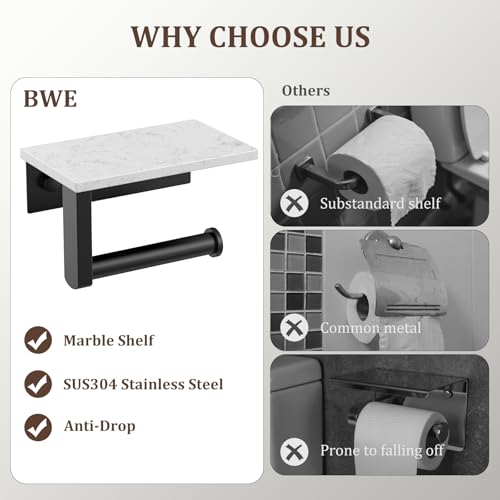 BWE Matte Black Toilet Paper Holder with Marble Shelf Wall Mounted | Toilet Paper Roll Holder with Phone Shelf 304 Stainless Steel Tissue Holder for Bathroom Washroom,Saving Space - color: Black