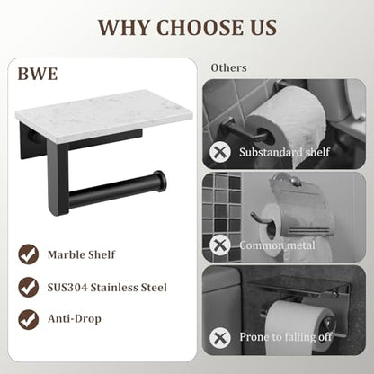 BWE Matte Black Toilet Paper Holder with Marble Shelf Wall Mounted | Toilet Paper Roll Holder with Phone Shelf 304 Stainless Steel Tissue Holder for Bathroom Washroom,Saving Space - color: Black