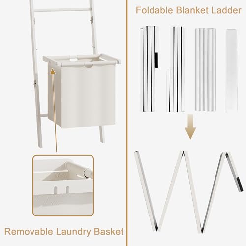BAMBANG Bamboo Blanket Ladder with Basket, 5-Tier Quilt Rack Stand with 4 Hooks & Storage Hamper for Living Room Bathroom, Wall Leaning Decorative Ladder Shelf for Blankets Display (White)