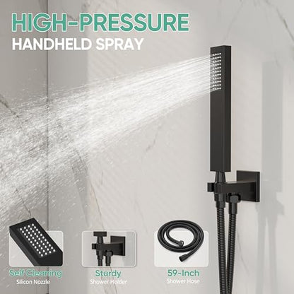Black Tub Shower System with 12" Rain Head, Handheld & Valve Kit | All-Metal Tub Shower Faucet Set, Wall Mounted Rain Showerhead, Handheld Spray, Includes Valve and Trim Kit, Matte Black - color: Matte Black 12