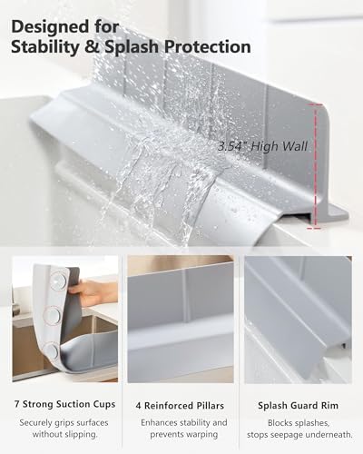 Kitchen Sink Splash Guard 30" 23" 18" Self-Draining Silicone Water Guard with High Splash Wall & Strong Suction Cups for Faucet, Countertop & Sink Edge, Keeps Sinks Dry, Dishwasher Safe, Grey - color: Gray, size: 30" x 3.5"