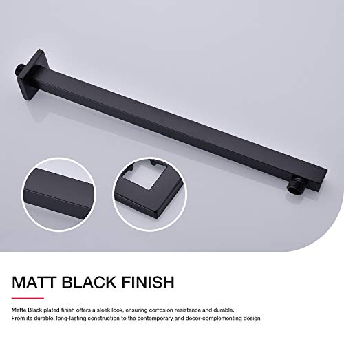 Matte Black Shower Arm with Flange 16 Inch Wall Mounted Extension Arm for Bathroom Rainfall Shower Head, Stainless Steel, Square Shaped - color: Matte Black