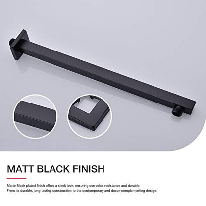 Matte Black Shower Arm with Flange 16 Inch Wall Mounted Extension Arm for Bathroom Rainfall Shower Head, Stainless Steel, Square Shaped - color: Matte Black