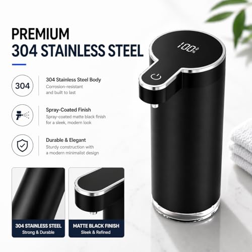Automatic Liquid Soap Dispenser Touchless, Stainless Steel Hand Soap Dispenser, USB Rechargeable, 4 Adjustable Levels, 11.8oz/350ml for Kitchen and Bathroom (Black, Liquid) - color: Black, size: Liquid
