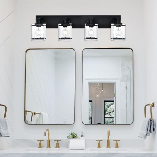 4-Light Bathroom Vanity Light Fixture, Modern Black Wall Lighting Over Mirror with Rectangular Clear Glass, E26 Bulb Base - color: Black, Clear Glass, size: 4-Lights