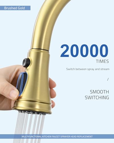 Kitchen Faucet Head Replacement - Pull Down Spray Head with 15 Adapters | 3-Function Stream/Spray/Blade, Easy Install, Removable Aerator, for Delta Moen Kohler, Pull Out Sprayer Nozzle, Brushed Gold - color: Brushed Gold