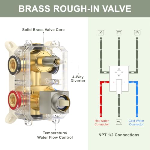 Rain Shower System with Rough-in Valve, Wall Mount Shower Faucet Set with 12" & 6" Dual Rain Shower Heads, 2-in-1 Handheld Shower, Tub Spout, 4-Function Complete Shower Fixture, Brushed Nickel - color: Brushed Nickel, size: Wall Mount-12"+6" head with Tub