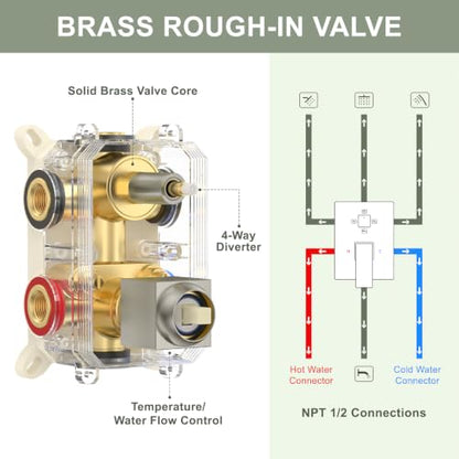 Rain Shower System with Rough-in Valve, Ceiling Mount Shower Faucet Set with 12"&6" Dual Rain Shower Heads, 2-in-1 Handheld Shower, Tub Spout, 4-Function Complete Shower Fixture,Brushed Nickel - color: Brushed Nickel, size: Ceiling Mount-12"+6" head with