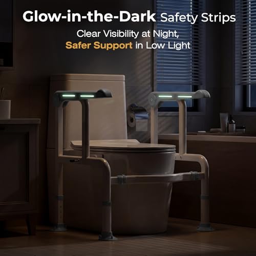Toilet Safety Rails for Elderly & Disabled with Glow-in-the-Dark Handles, 450 lbs Heavy-Duty Frame, Flip-Up Arms, Dual Lock (Suction & Clamp), Adjustable No-Wobble Support, Grey - color: Gray