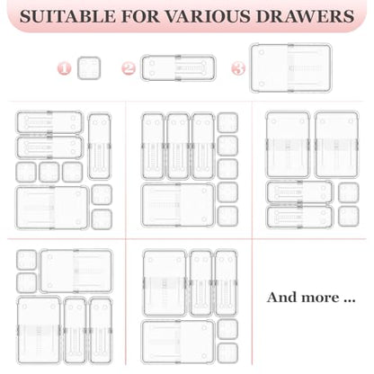 DILIBRA 16 Pcs Clear Extendable Drawer Organizer, Adjustable Drawer Storage | 3-Size Desk Drawer Organizer, Plastic Non-Slip Storage Bins for Makeup Cosmetic Jewelries Utensils Stationery Dressers Tool - size: 3Pcs Large + 5Pcs Medium + 8Pcs Small