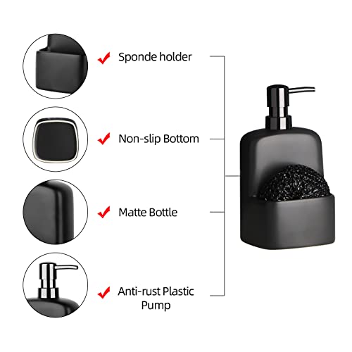 Dish Soap Dispenser - Kitchen Soap Dispenser with Sponge Holder Matte Ceramic Soap Daddy Dispenser 20oz for Kitchen (Matte Black) - color: Matte Black
