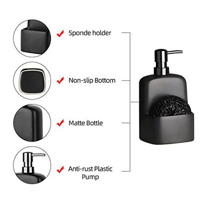 Dish Soap Dispenser - Kitchen Soap Dispenser with Sponge Holder Matte Ceramic Soap Daddy Dispenser 20oz for Kitchen (Matte Black) - color: Matte Black
