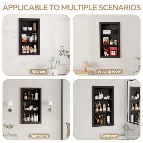 Solid Wood 14 X 24 Recessed Medicine Cabinet,3-Tier, Medicine Cabinet Organizer,Wall Niche, Bathroom Wall Cabinet, Recessed Bathroom Cabinet,recessed Wall Cabinet, Black - color: Black, size: Classic 3-Tier