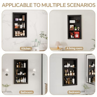Solid Wood 14 X 24 Recessed Medicine Cabinet,3-Tier, Medicine Cabinet Organizer,Wall Niche, Bathroom Wall Cabinet, Recessed Bathroom Cabinet,recessed Wall Cabinet, Black - color: Black, size: Classic 3-Tier