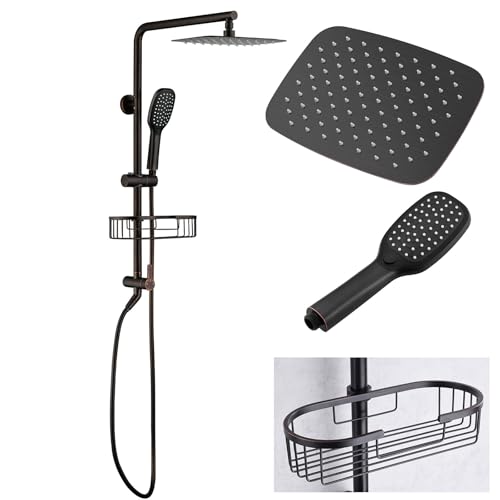 Oil Rubbed Bronze Shower System with Caddy, 12 Inch | Stainless Steel Bathroom Rain Shower Head and Handle Set Fixture, Outdoor Shower Kit Exposed Wall Mounted - color: Oil Rubbed Bronze, style: 2.5 Gallons Per Minute-Square