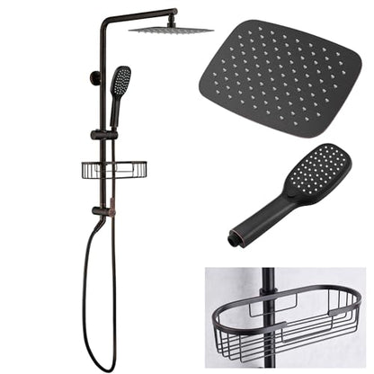 Oil Rubbed Bronze Shower System with Caddy, 12 Inch | Stainless Steel Bathroom Rain Shower Head and Handle Set Fixture, Outdoor Shower Kit Exposed Wall Mounted - color: Oil Rubbed Bronze, style: 2.5 Gallons Per Minute-Square