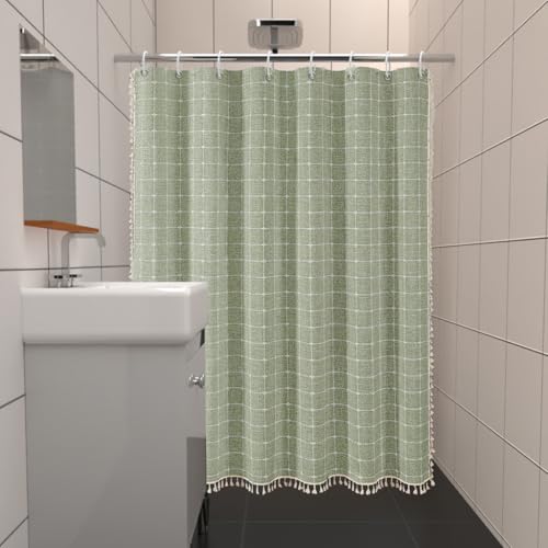 Sage Green Striped Shower Curtain - Farmhouse Boho Linen Fabric Shower Curtains for Bathroom, Bohemian Cute Thick Bathroom Curtain Set with Tassel - Bohemian Cloth Shower Curtain Long 71x79 Inch - color: Sage Green, size: 71"W x 79"L (Pack of 1)