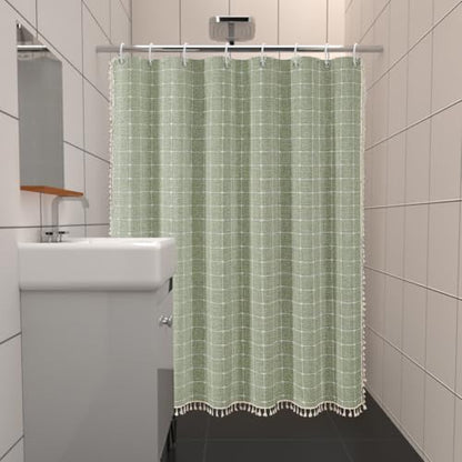 Sage Green Striped Shower Curtain Farmhouse Boho Linen Fabric Shower Curtains for Bathroom, Thick Textured Bathroom Curtain Set with Tassel - Bohemian Cloth Shower Curtain Extra Long 71x83 inch - color: Sage Green, size: 71"W x 83"L (Pack of 1)