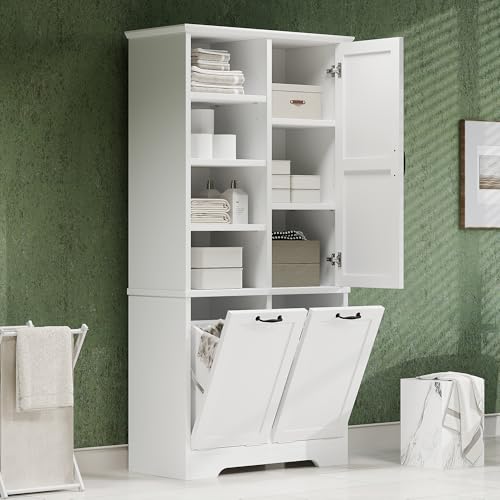 Merax Cabinet with Tilt-Out Laundry Hamper Basket, Tall Bathroom Storage Organizer Linen with Open Shelf for Home, Freestanding, White - color: White
