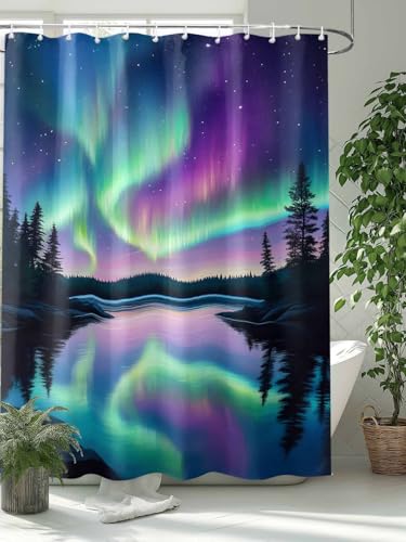 Waterproof Fabric Shower Curtain Modern Art Aurora Scenery Shower Curtains for Bathroom, Quick-Drying, Machine Washable 36x72 Inch - color: Fruit Green Dark Purple Dark Blue, size: 36"W x 72"L (Pack of 1)