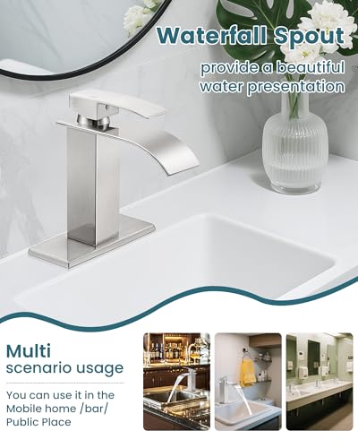 Bathroom Faucet Brushed Nickel Waterfall Single Handle Vanity Faucet | with Pop-up Drain & Deck,Supply Hoses,Stainless Steel Bathroom Sink Faucet 1 or 3 Hole,RV,Farmhouse Bathrooms - color: A-Brushed Nickel, style: Short