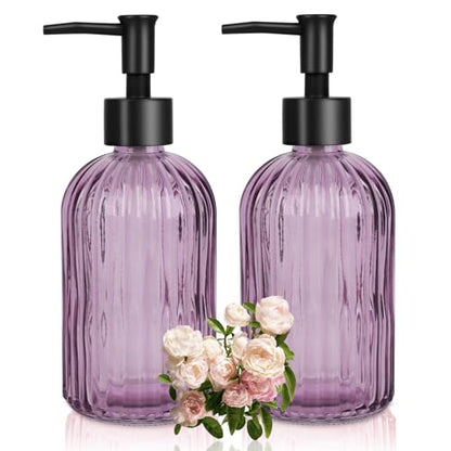 Glass Soap Dispenser with Plastic Pump, Hand Soap Dispenser for Hand Wash, Lotion Dispenser for Dishwashing Liquid, Lotion Shower Gel (Striped Purple) - color: Striped Purple