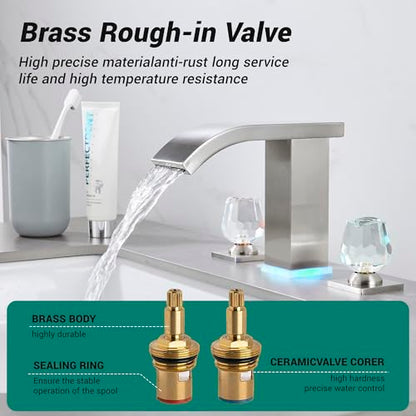 Bathroom faucets 3 Hole Widespread Brushed Nickel Bathroom Sink Faucet 8 inch LED Light Modern 3 Hole Vanity Faucet Bathroom with Pop Up Drain (Brushed Nickel) - color: Brushed Nickel