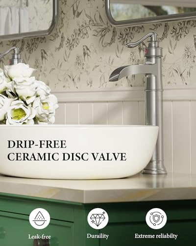 Vessel Sink Faucet Tall Bathroom Faucets Waterfall Brushed Nickel Brass | Single Handle 1 Hole with Pop Up Drain and Supply Line Farmhouse Lavatory Vanity by Homevacious - color: Brushed Nickel