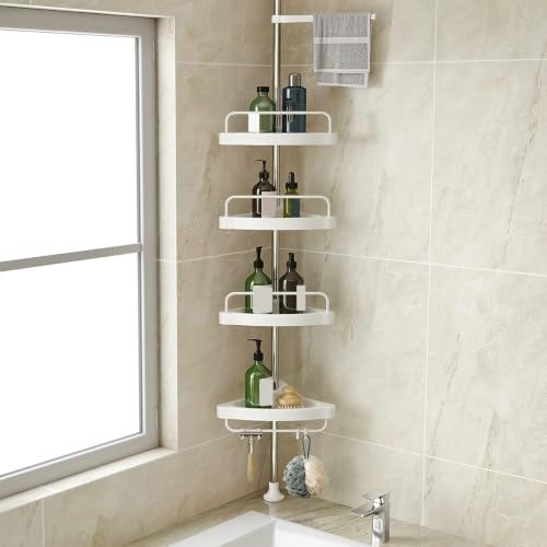 Corner Shower Caddy Tension Pole: 4-Tier Large Capacity Bathroom Organizer Shelf with Towel Bar - Rustproof No-Drill Adjustable, Home Bathtub Stand Rack, White