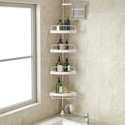 Corner Shower Caddy Tension Pole: 4-Tier Large Capacity Bathroom Organizer Shelf with Towel Bar - Rustproof No-Drill Adjustable, Home Bathtub Stand Rack, White