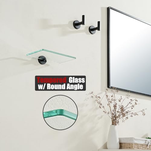 JQK Bathroom Glass Shelf Black, Tempered Glass Shower Storage 8 by 5 inches, 304 Stainless Steel Matte Black Wall Mount, TGS101L8-PB - color: Matte Black, size: 8 Inch (1 Pack)