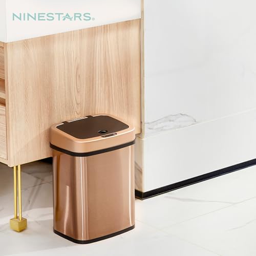 Ninestars 3 Gallon Automatic Trash Can, 12L Touchless Motion Sensor Bathroom or Bedroom Garbage Can with Odor-Sealing Lid, Rectangular Gold Stainless Steel Base, Black Lid - color: Rose Gold/Black