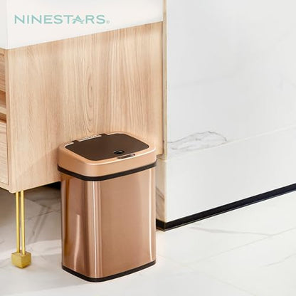 Ninestars 3 Gallon Automatic Trash Can, 12L Touchless Motion Sensor Bathroom or Bedroom Garbage Can with Odor-Sealing Lid, Rectangular Gold Stainless Steel Base, Black Lid - color: Rose Gold/Black