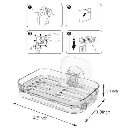 Soap Dish for Shower Wall Mounted, Soap Bar Holder Self Draining, Strong Adhesive Mount Soap Saver Sponge Holder for Bathroom Bathtub Kitchen Sink, Clear