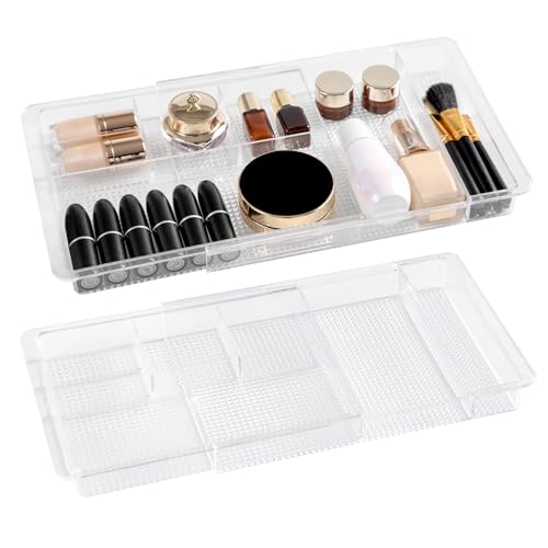 Oubonun Expandable Drawer Organizer 11.1” to 19.2” Width, Shallow Cosmetic Organizer 1.3” Height, 2 Packs, Clear Plastic Storage Trays for Dressing Table,Bathroom - style: Shallow 2 Packs