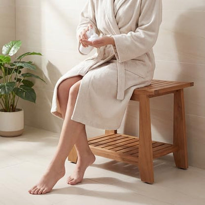 Teak Shower Bench Stool, 21'' Waterproof Wood Spa Bath Bench with Storage Shelf, Non-Slip Solid Teak Shower Seat Chair for Bathroom Inside Shower and Outdoor Use - size: 21''W x 13''D x 17''H