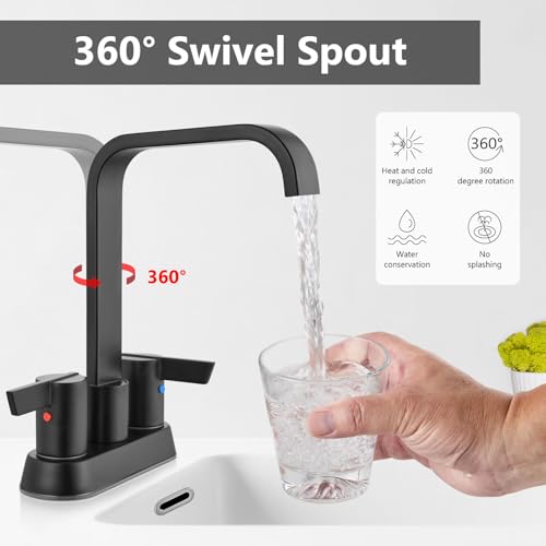 Matte Black Waterfall Bathroom Faucet 4 Inch Centerset,2-Handle | Stainless Steel 3-Hole Deck-Mount Design Includes Supply Lines and Pop-Up Drain for a Complete Vanity Installation - color: Matte Black