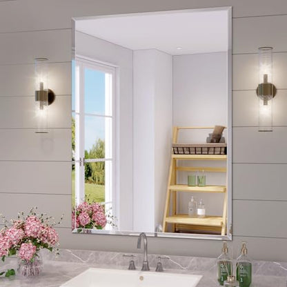 Frameless Bathroom Mirror, 24"x36" Beveled Bathroom Vanity Mirror | 15mm beveled edge, frameless, 5mm HD glass, anti-rust, french cleat, horizontally or vertically, for bathroom/bedroom - size: 24"L x 36"W
