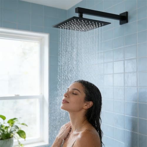 Midanya Square Rain Shower Head,High Pressure,Matte Black 10 Inch | 360°Swivel,Ceiling or Wall Mount,Waterfall Full Body Coverage,Bathroom Remodel,Stainless Steel Large Rainfall Shower Head - color: Black, size: 10 Inch