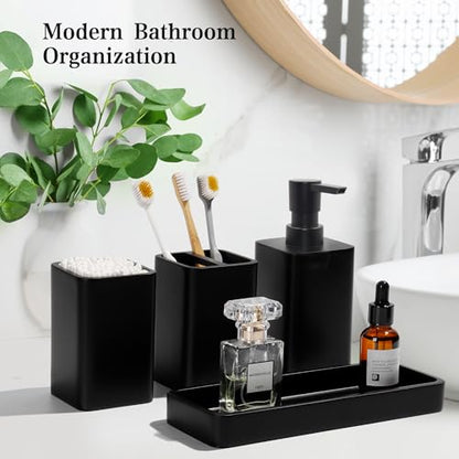 Bathroom Accessories Set, 4 Piece Toothbrush Holder Set, Matte Black | Bathroom Accessory Set with Soap Dispenser, Toothbrush Holder, Tumbler, Vanity Tray, Bathroom Sink Set for Modern Home Decor - style: Matte Black