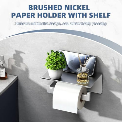 Toilet Roll Holder with Shelf, Brushed Nickel, 304 Stainless Steel | Phone & Small-Item Storage, Clean Modern Look, Guest Bathroom & Powder Room Use, Concealed Screw Mounting - color: Brushed Nickel, size: Single Rod