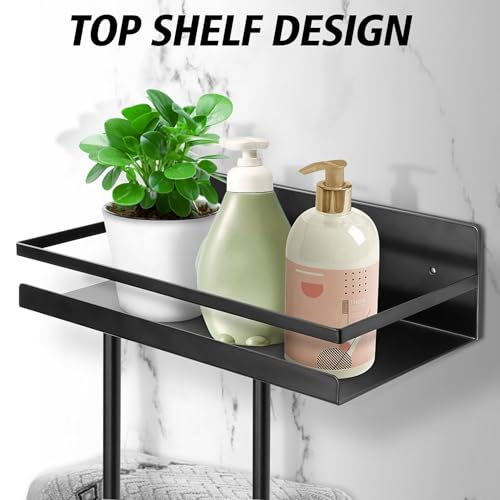 Wall Mounted Bathroom Towel Storage Rack with Shelf and 5 Hooks, Black | Holds 3 Large Towels, Stainless Steel, For Rolled Towels, For Bath Towels