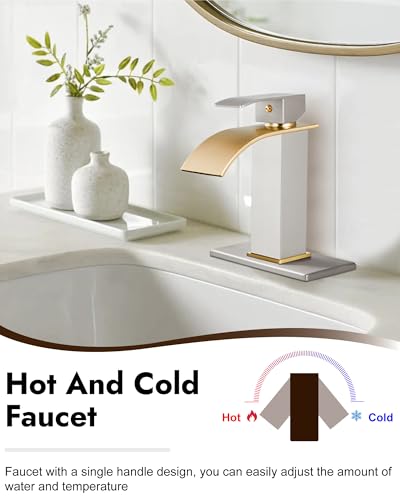 Midanya Waterfall Bathroom Faucet 1 Hole,Brushed Gold Spout/Brushed Nickel | with 24” Hoses,Pop Up Drain,6” Deck Plate,for 1 or 3 Hole Vanity,Lavatory,RV,Single Handle Bathroom Sink Faucet,NSF Certified - color: Gold Spout/Nickel