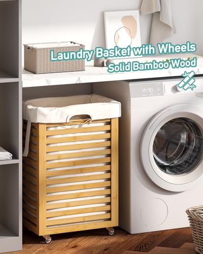 Laundry Hamper, 22.7 Gallon (86L) Bamboo Wood Clothes Laundry Basket with Wheels and Handles, Removable Liner - color: Natural