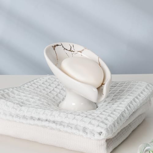 Soap Dish, Soap Holder Self Draining Leaf Shape Soap Dishes, Ceramic Drain Soap Dish for Sink Bathroom Shower Kitchen, Easy to Clean Keeps Soap Dry, Cream White & Gold Marble Pattern, ANTIS'S HOME - color: 1pcs-marble White