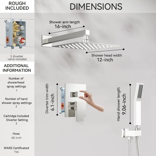 STARBATH Shower Faucet Set Shower System with Diverter Valve, Chrome | 12" Wall Mount Rain Shower Head and Handheld Spray for Two Person, Shower Set with Valve and Trim Kit Complete - color: Chrome, size: 12"-01